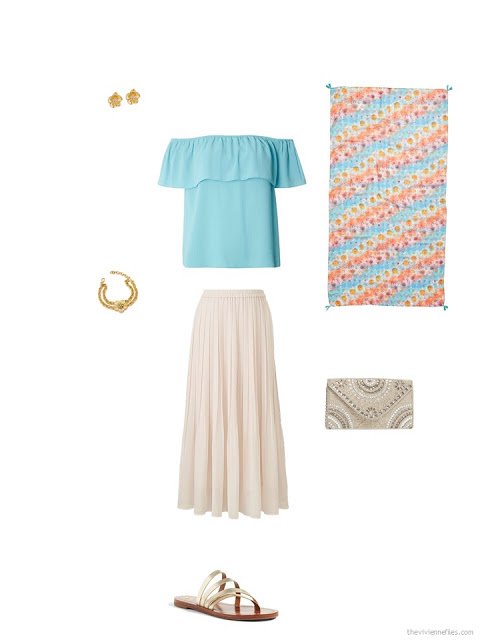 accessories for an aqua top and a beige skirt