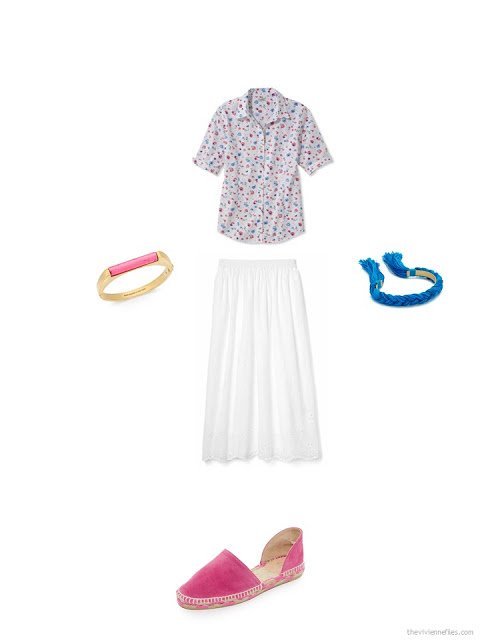 how to accessorize a floral shirt and white skirt