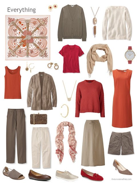 an 11-piece capsule wardrobe in brown, beige, orange and red