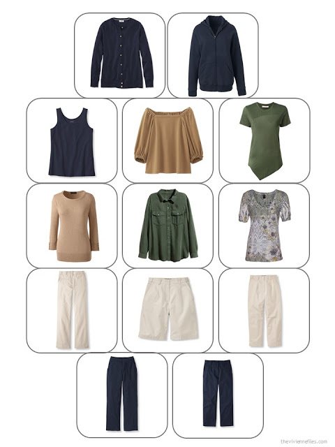 13-piece travel capsule wardrobe in navy, beige, camel and green
