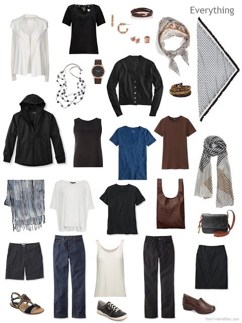 a Whatever's Clean travel capsule wardrobe for warm weather in black, brown, denim blue and ivory