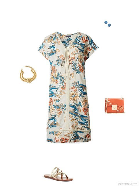 accessories for a floral dress in beige, turquoise and orange