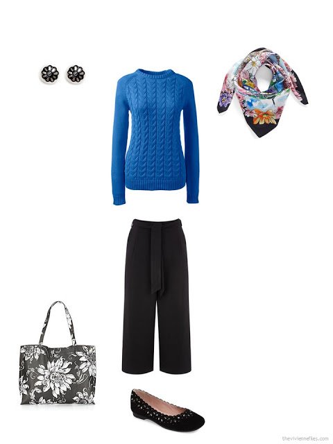 how to style a blue sweater and black cropped pants