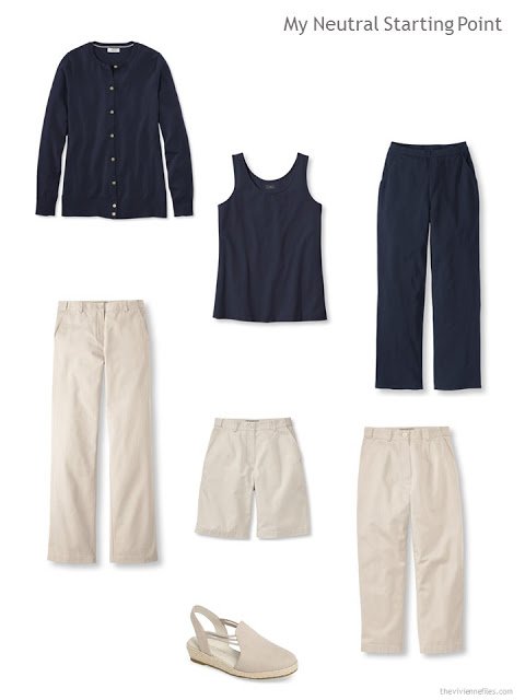 six core garments in navy and beige for warm weather, with a pair of beige espadriles