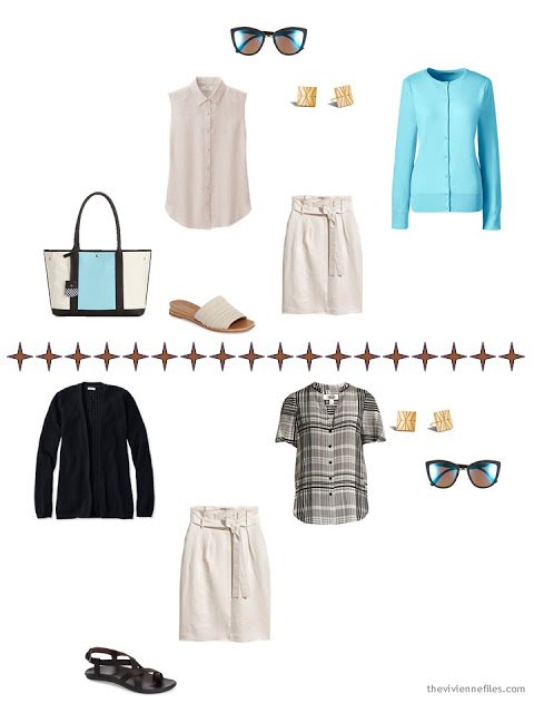 2 ways to style a beige linen skirt, with aqua or with black