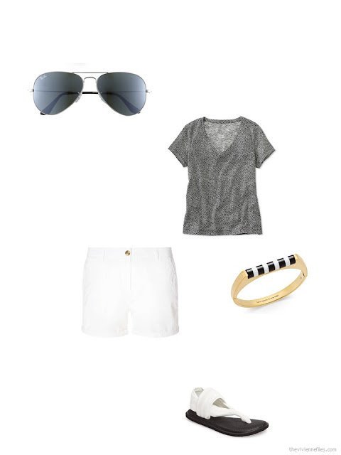 how to accessorize a black and white tee shirt and white shorts
