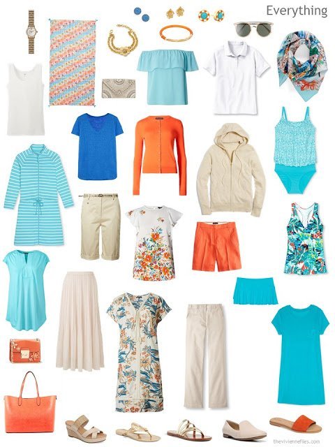 a travel capsule wardrobe in beige and white with blue, aqua and orange accessories