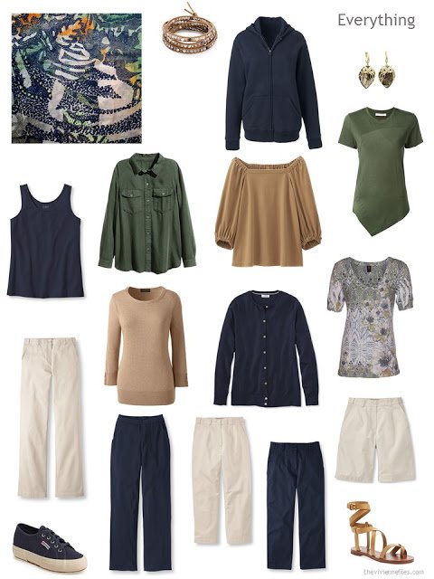 13-piece travel capsule wardrobe in navy, beige, camel and green