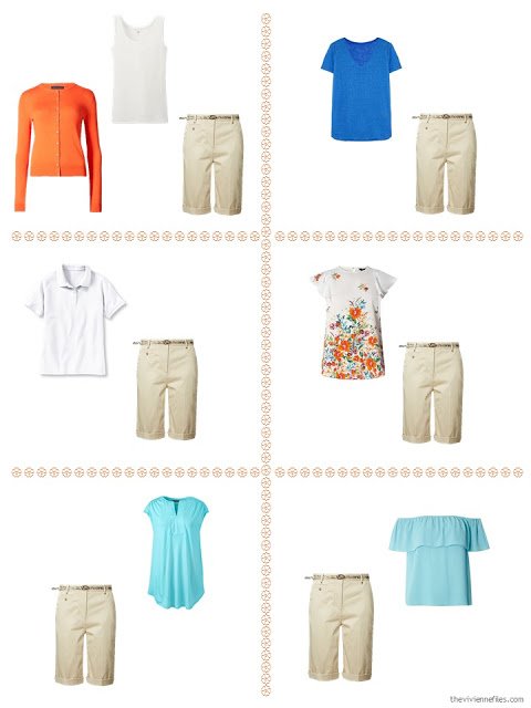 six ways to style tan shorts with orange, aqua or blue