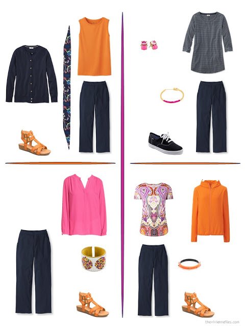 four ways to style navy pants with bright accents from a travel capsule wardrobe