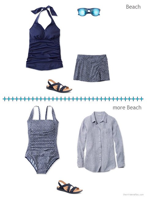 two beach ensembles in navy and white