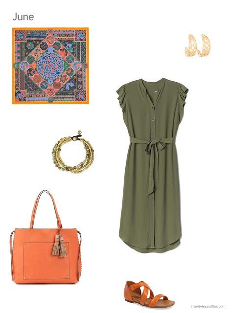 an olive dress with orange accessories for summer