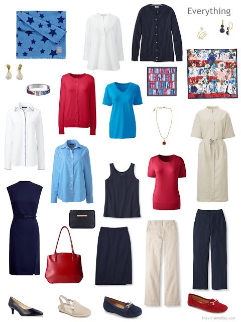 business capsule wardrobe in navy, beige, red, white and bright sky blue