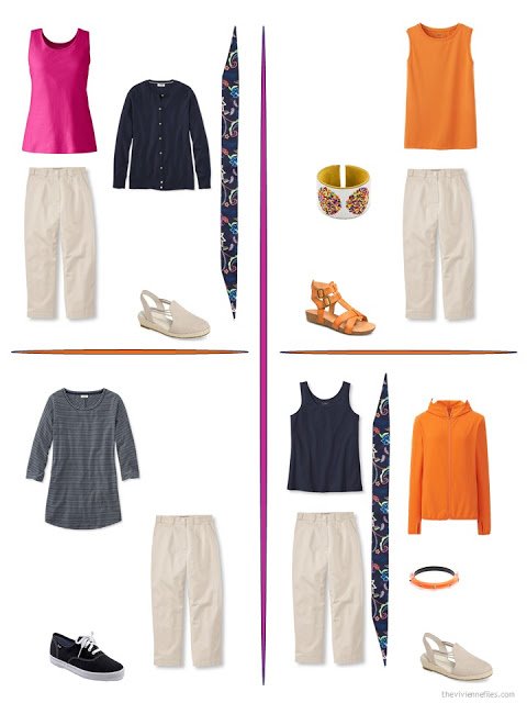 four ways to style beige capris with bright accents from a travel capsule wardrobe