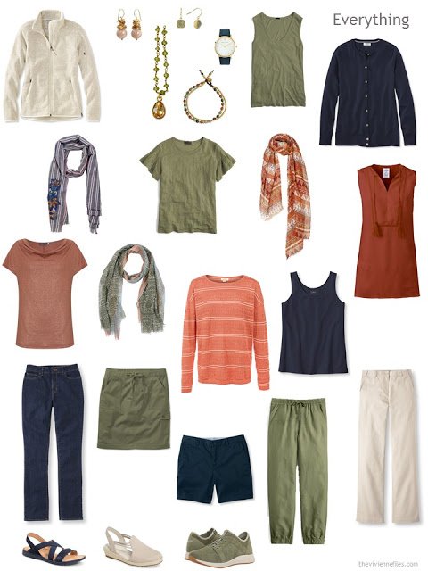 a summer travel capsule wardrobe in navy, beige, olive and rust