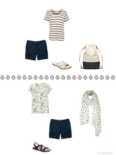 two ways to wear navy shorts with beige print tops