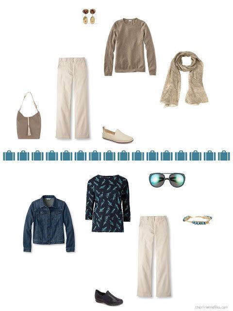 2 ways to style khaki pants from a capsule wardrobe in denim, khaki, teal and camel