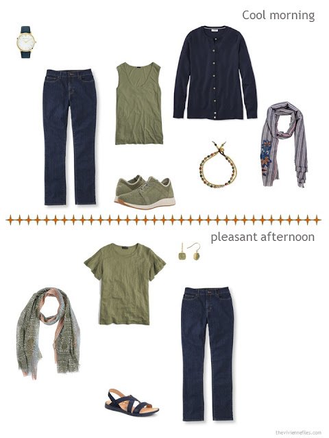 2 ways to style blue jeans from a warm weather travel capsule wardrobe