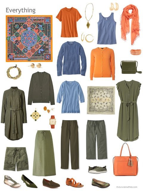 a travel capsule wardrobe in olive, blue and orange