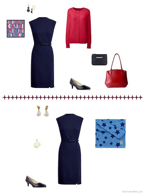 2 ways to style a navy dress in a business capsule wardrobe