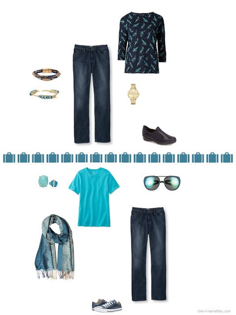 2 ways to style blue jeans from a capsule wardrobe in denim, khaki, teal and camel