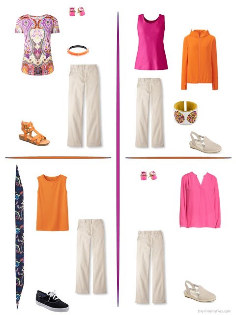 four ways to style beige pants with bright accents from a travel capsule wardrobe