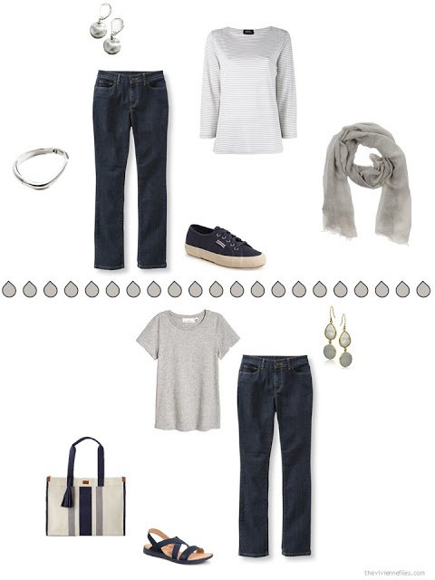 two ways to wear navy jeans with warm grey