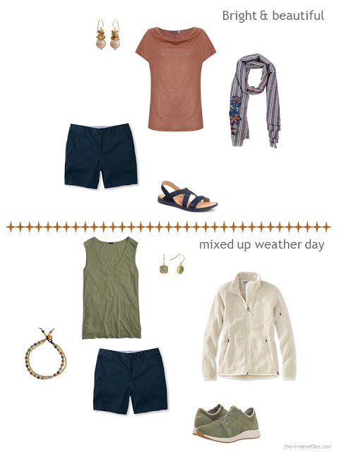 2 ways to style navy shorts from a warm weather travel capsule wardrobe