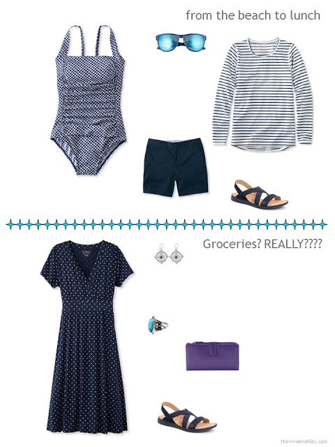 two navy and white ensembles from a warm-weather travel capsule wardrobe