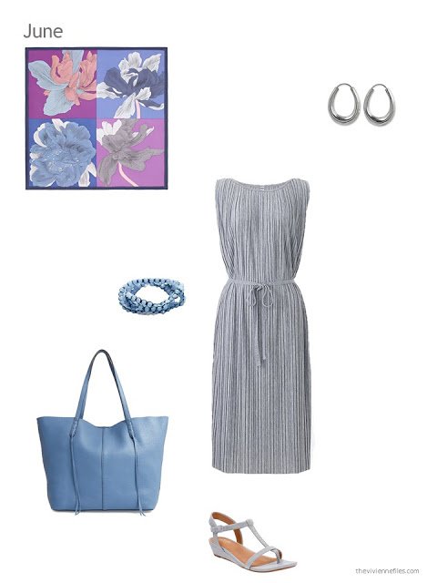 a grey dress with light blue accessories for summer