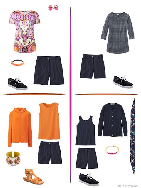 four ways to style navy shorts with bright accents from a travel capsule wardrobe