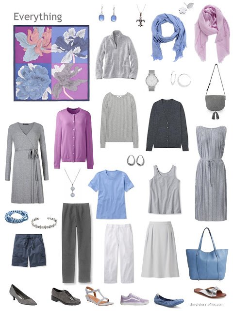 a travel capsule wardrobe in grey, white, light blue and orchid