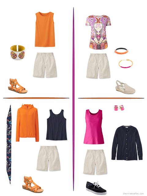 four ways to style beige shorts with bright accents from a travel capsule wardrobe