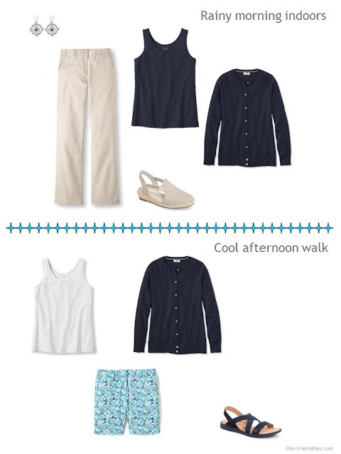 two outfits for cooler beach weather, from a travel capsule wardrobe