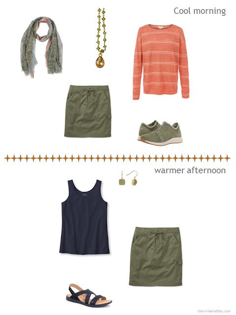 2 ways to style an olive skirt from a warm weather travel capsule wardrobe