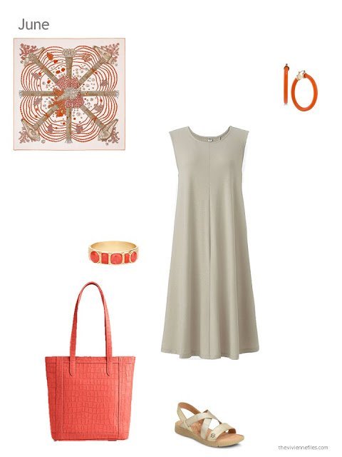 a beige dress with orange accessories for summer