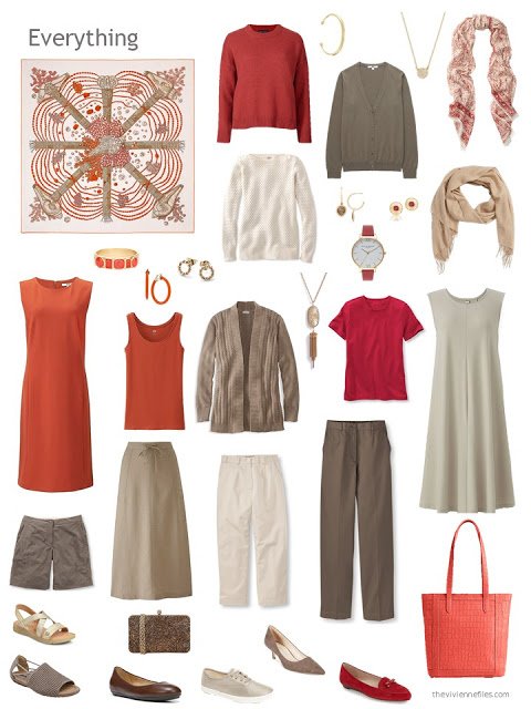 a travel capsule wardrobe in brown, beige, orange and red