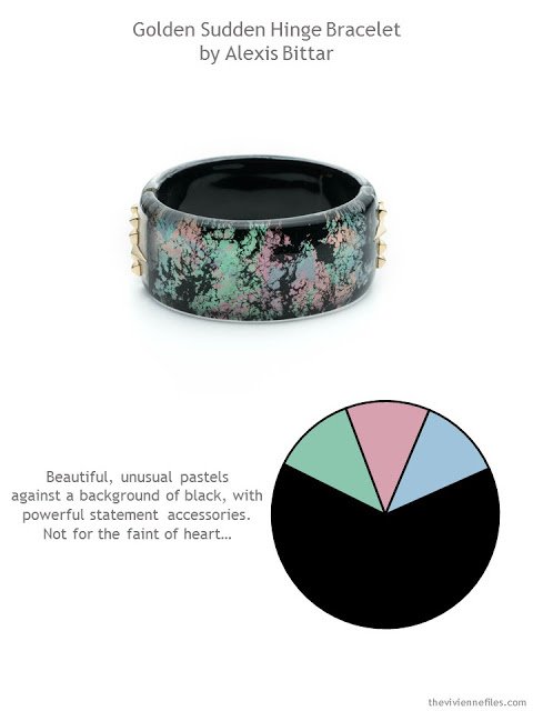 Alexis Bittar bracelet in black with muted pastels and gold studs with style guidelines and color palette