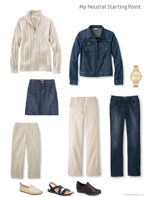 6-piece neutral starter wardrobe in khaki and denim