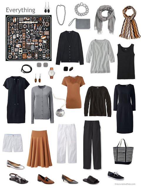 travel capsule wardrobe in black, white, grey and caramel