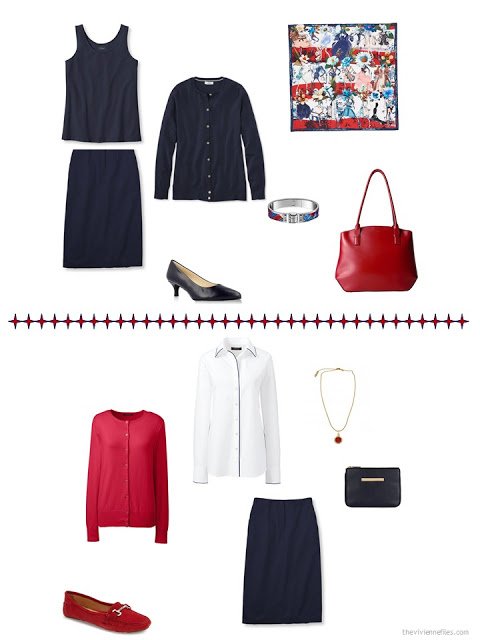 2 ways to style a navy skirt in a business capsule wardrobe