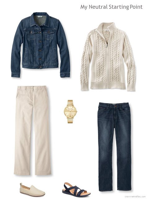 A travel capsule wardrobe neutral core in denim and beige