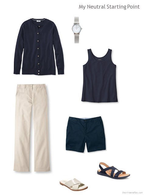 summer wardrobe key pieces in navy and beige