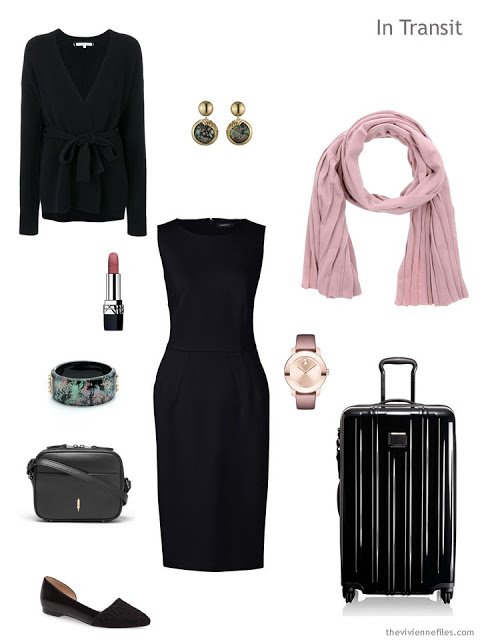 business travel outfit in black and pink