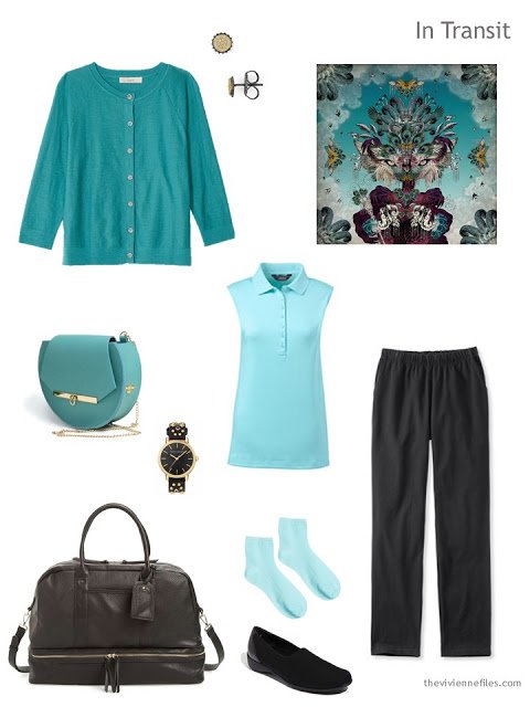 travel outfit in shades of teal with black