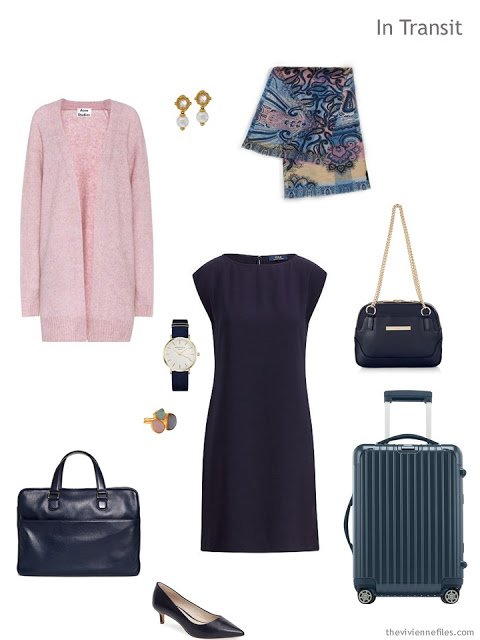 business travel outfit in navy and pink