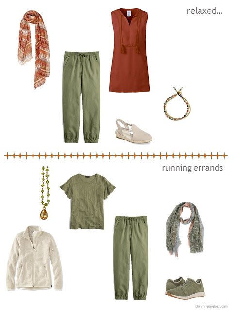 2 ways to style olive pants from a warm weather travel capsule wardrobe