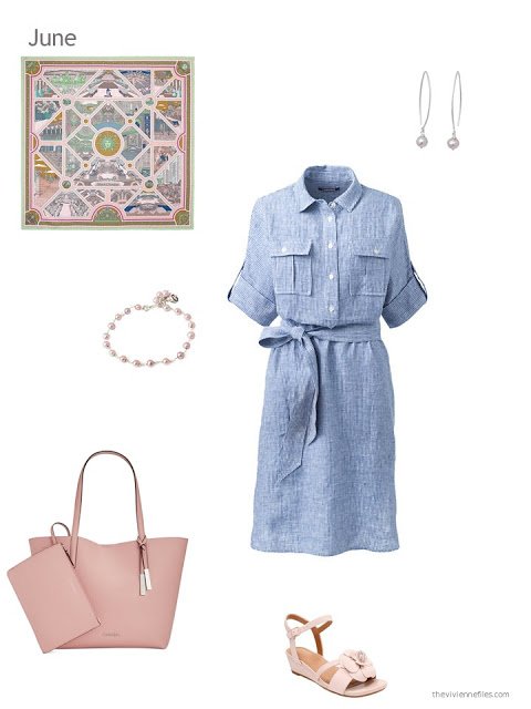 a chambray dress with pink accessories for summer