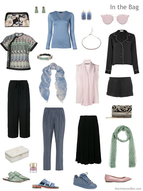 travel capsule wardrobe in black with muted pastels