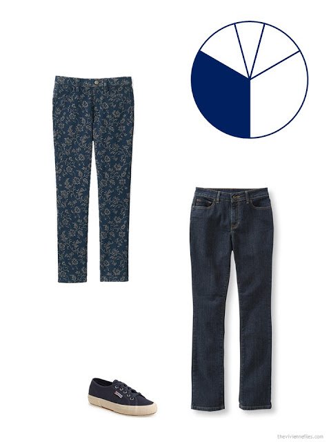 two pair of navy trousers to add to a warm weather travel wardrobe